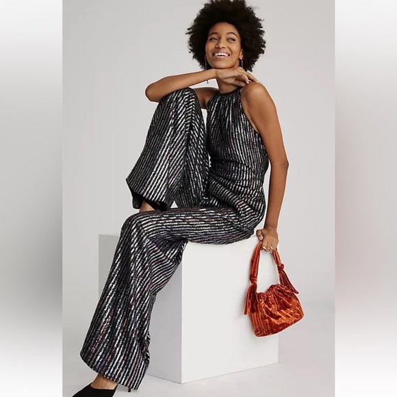 Anthropologie Black and Silver Striped Jumpsuit, Sequins, size 14. - Picture 3 of 16
